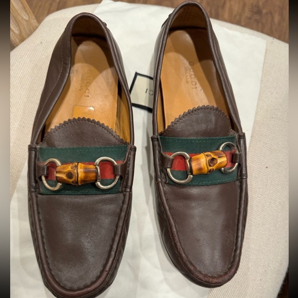 GUCCI LOAFER LETHER DARK BROWN WEB BAMBOO SLIP ON LOAFER SIZE 38 - Picture 3 of 9